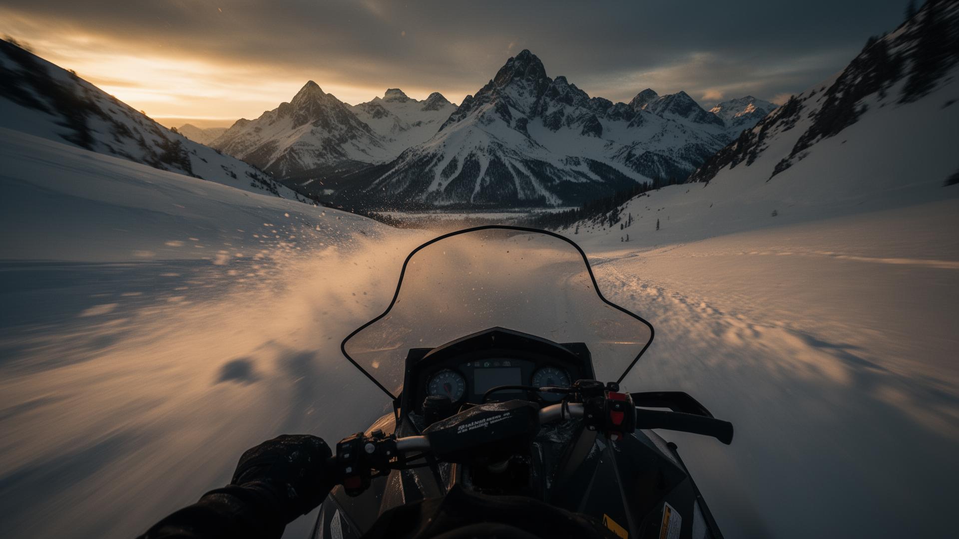 Snowmachine carving deep powder in Hatcher Pass, Alaska